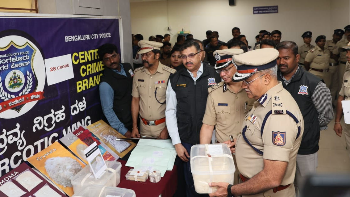 At the Central Crime Branch — Reviewing a narcotics seizure valued at about ₹28 crore, alongside senior officers of the Bengaluru City Police.